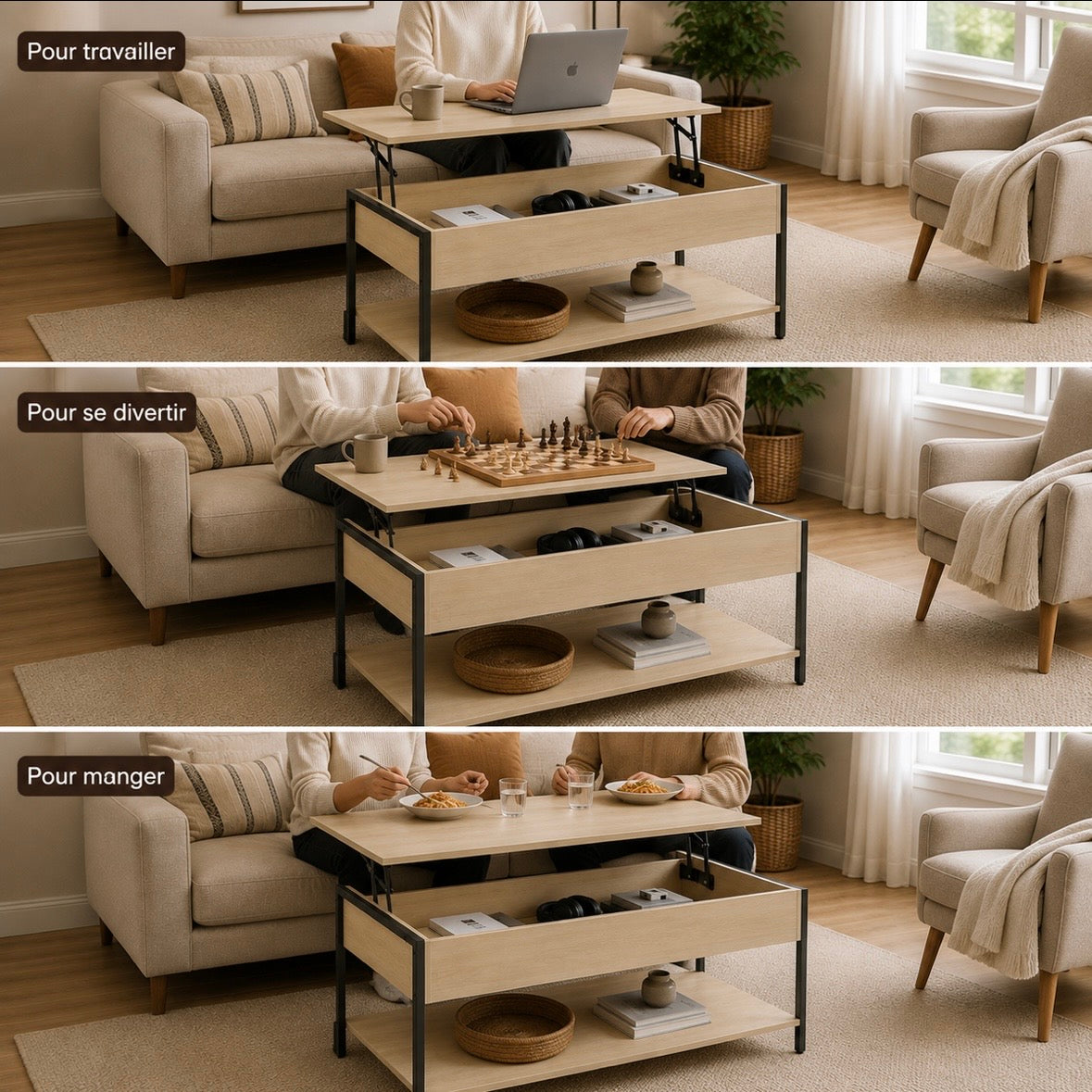 Table Basse Relevable Industrielle Chêne Clair - Rangement Caché & Étagère