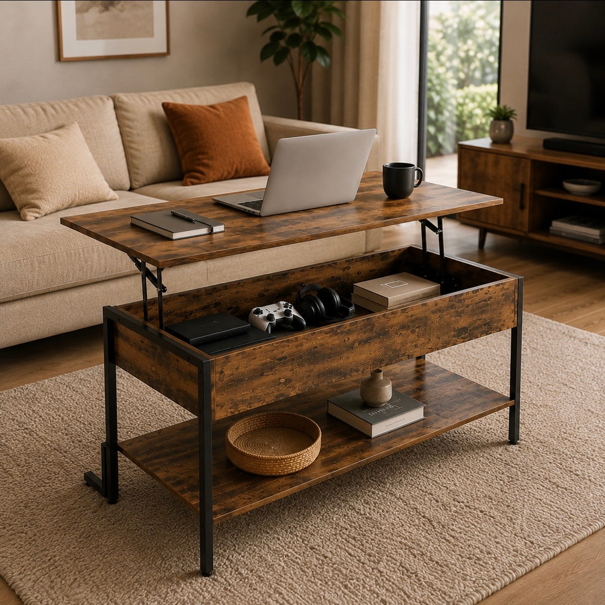 Table Basse Relevable Industrielle Marron - Rangement Caché & Étagère