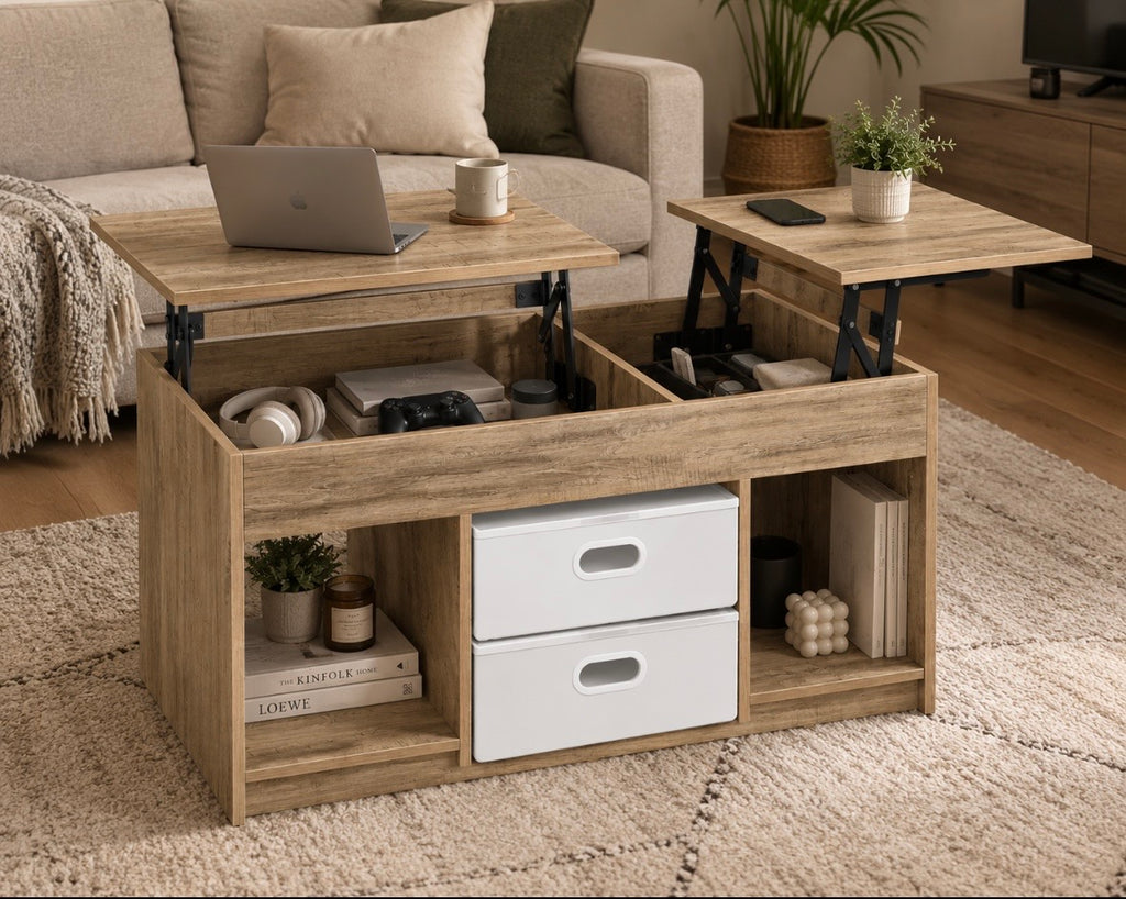 Table Basse Relevable en Bois – Table Multifonction avec Rangement