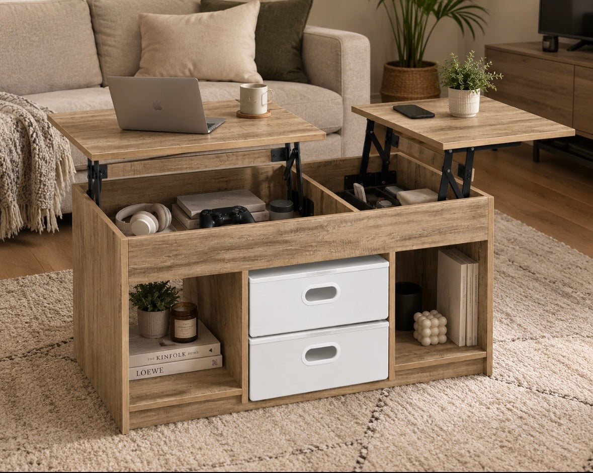 Table Basse Relevable en Bois – Table Multifonction avec Rangement