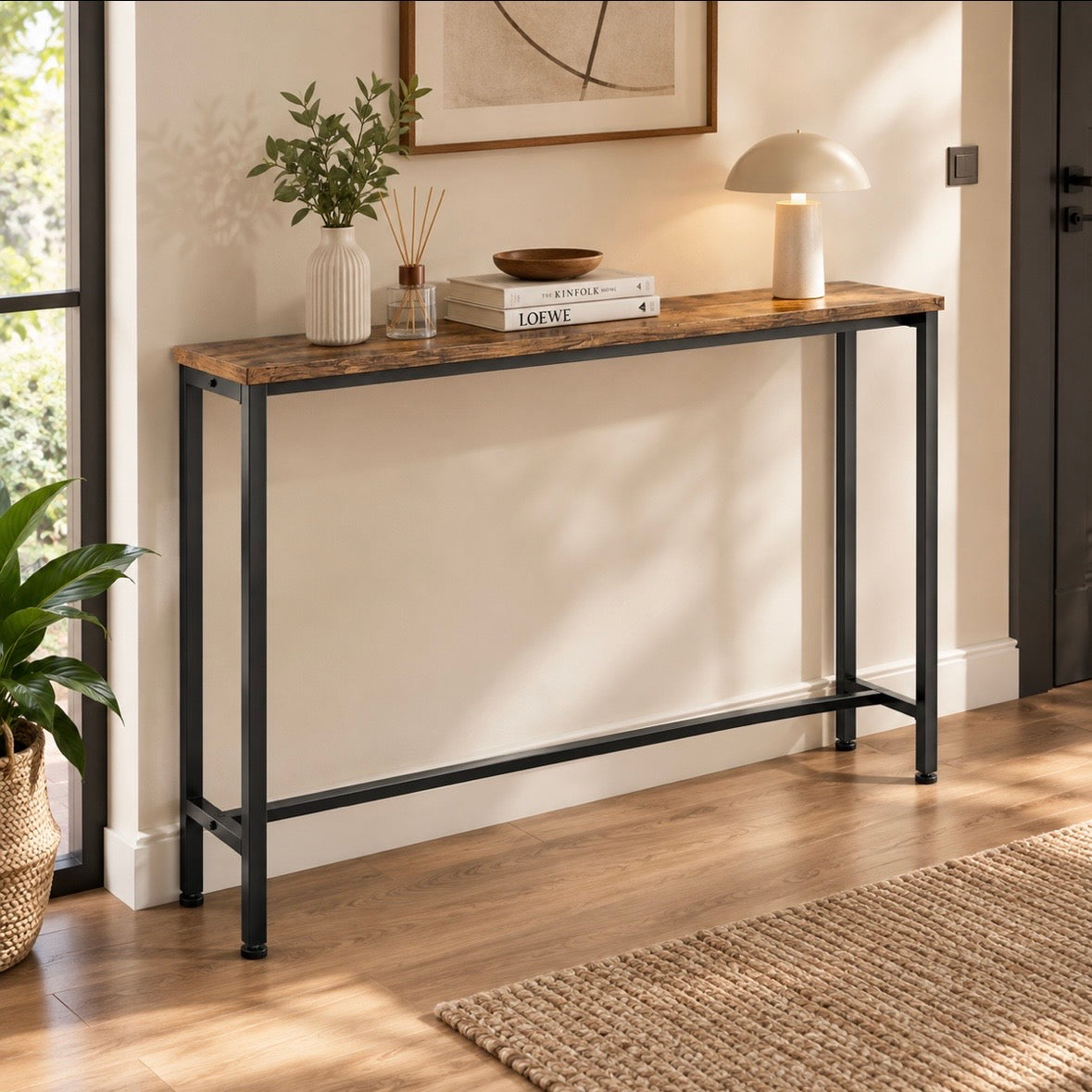 Table Console Industrielle Étroite - Design Épuré, Marron