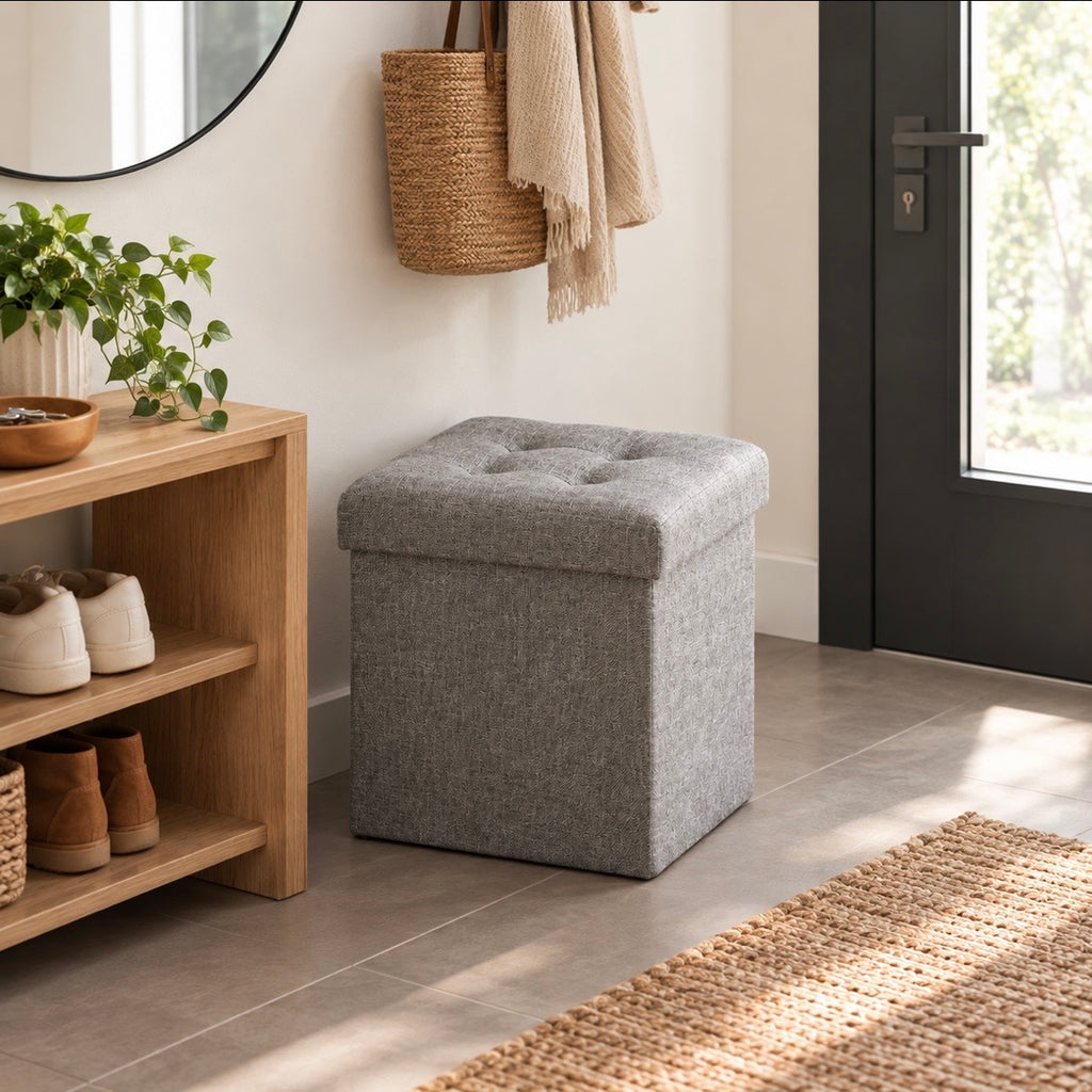 Pouf Coffre de Rangement Pliable Gris - Tabouret Capitonné en Lin