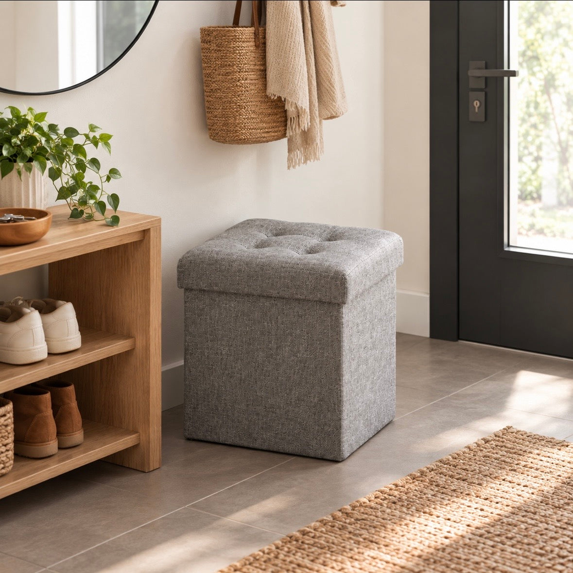 Pouf Coffre de Rangement Pliable Gris - Tabouret Capitonné en Lin