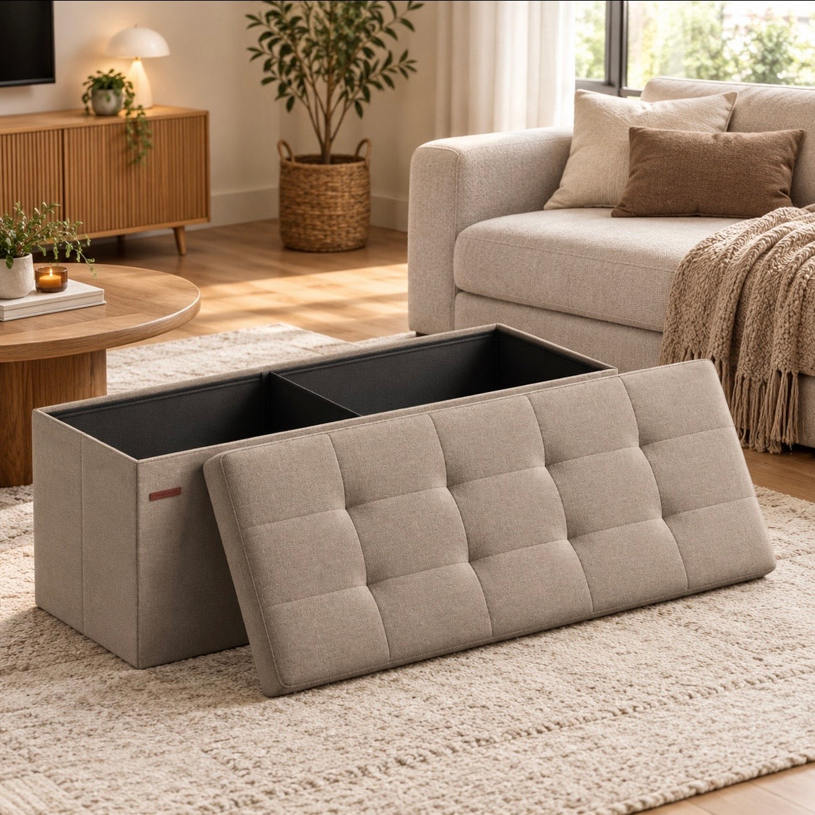 Banc de Rangement Pliable Beige - Pouf Coffre Capitonné avec Séparateur