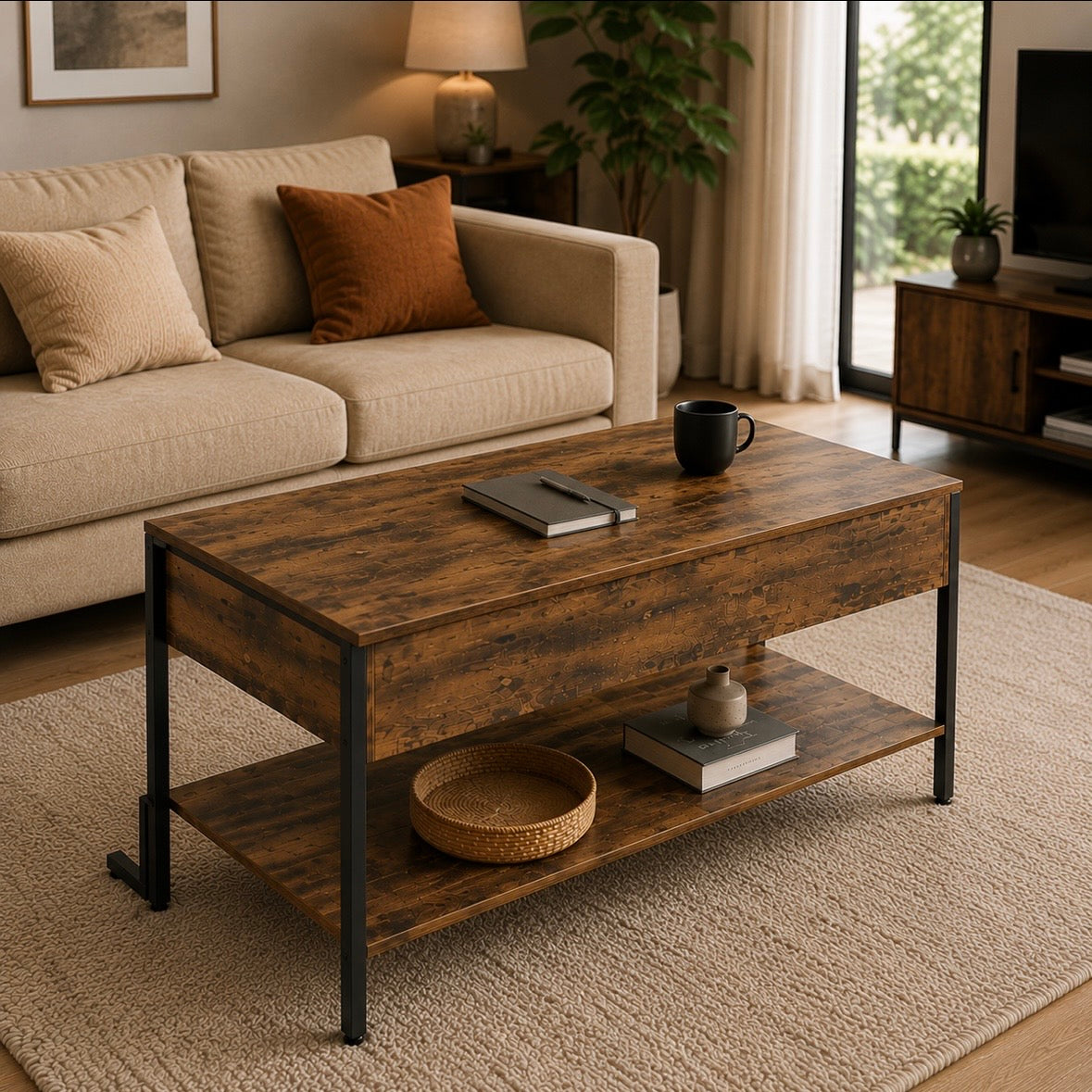 Table Basse Relevable Industrielle Marron - Rangement Caché & Étagère