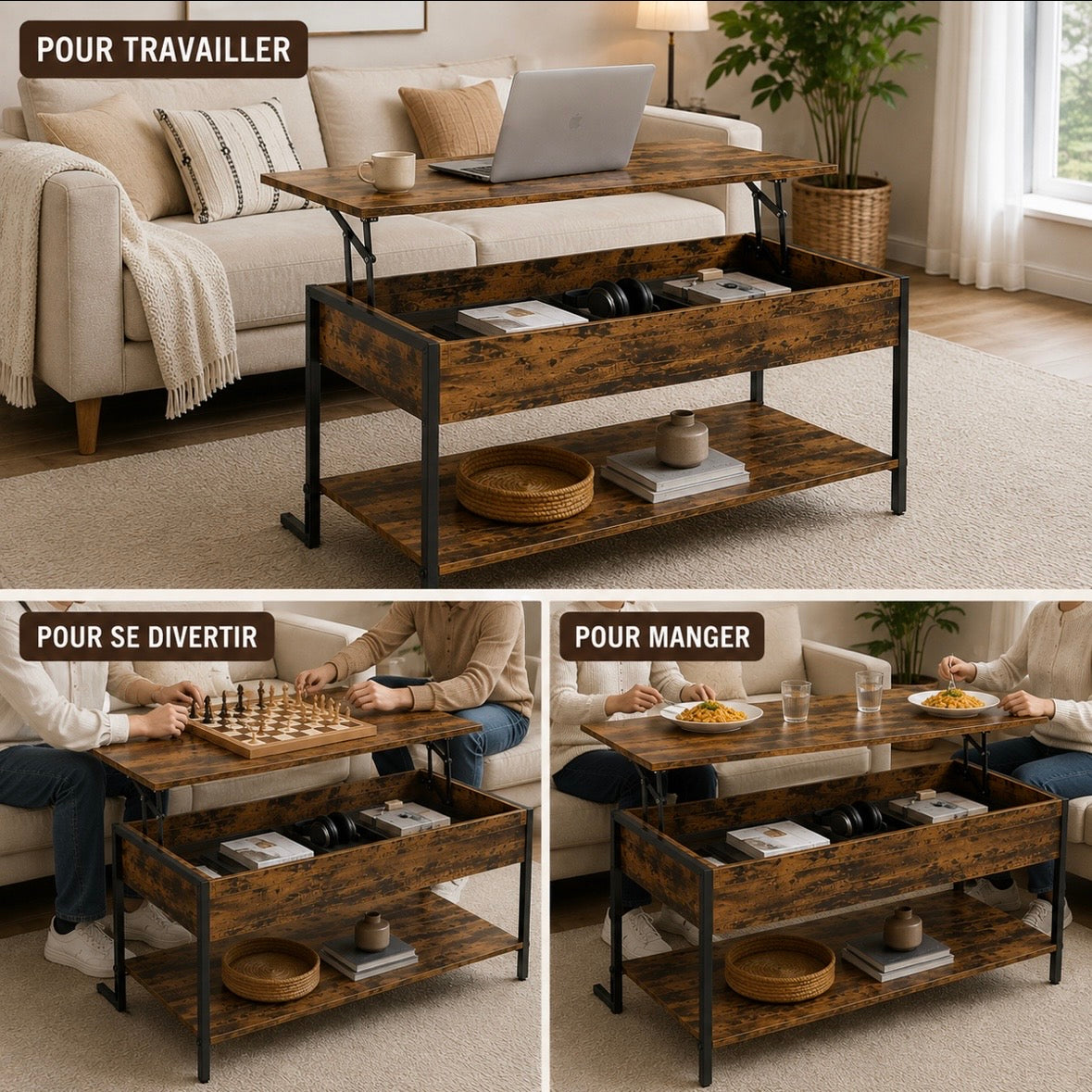 Table Basse Relevable Industrielle Marron - Rangement Caché & Étagère