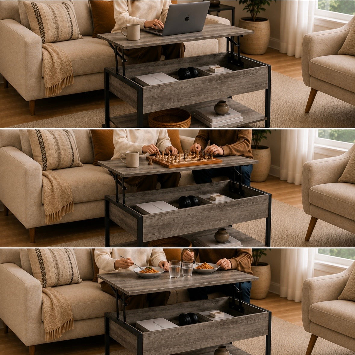 Table Basse Relevable Industrielle Gris Taupe - Rangement Caché & Étagère