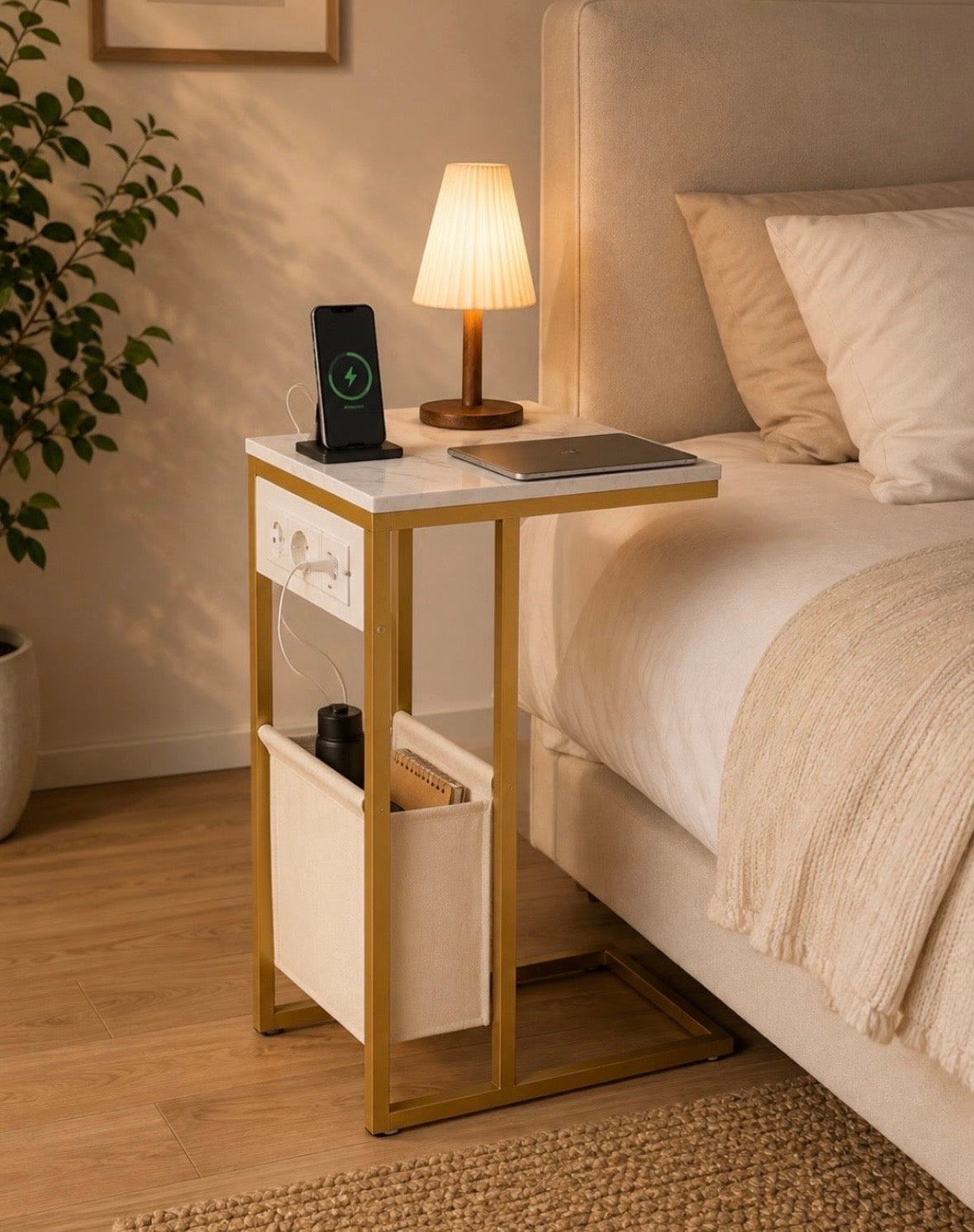 Table d'Appoint Marbre Blanc & Or avec Chargeur USB Intégré