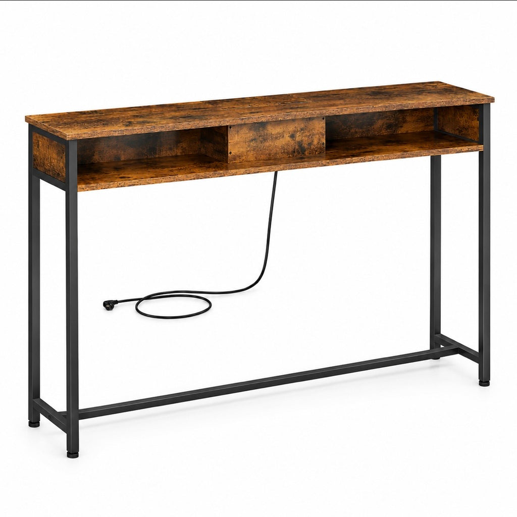 Table Console Industrielle avec Prises Électriques Intégrées - Rangement, Marron