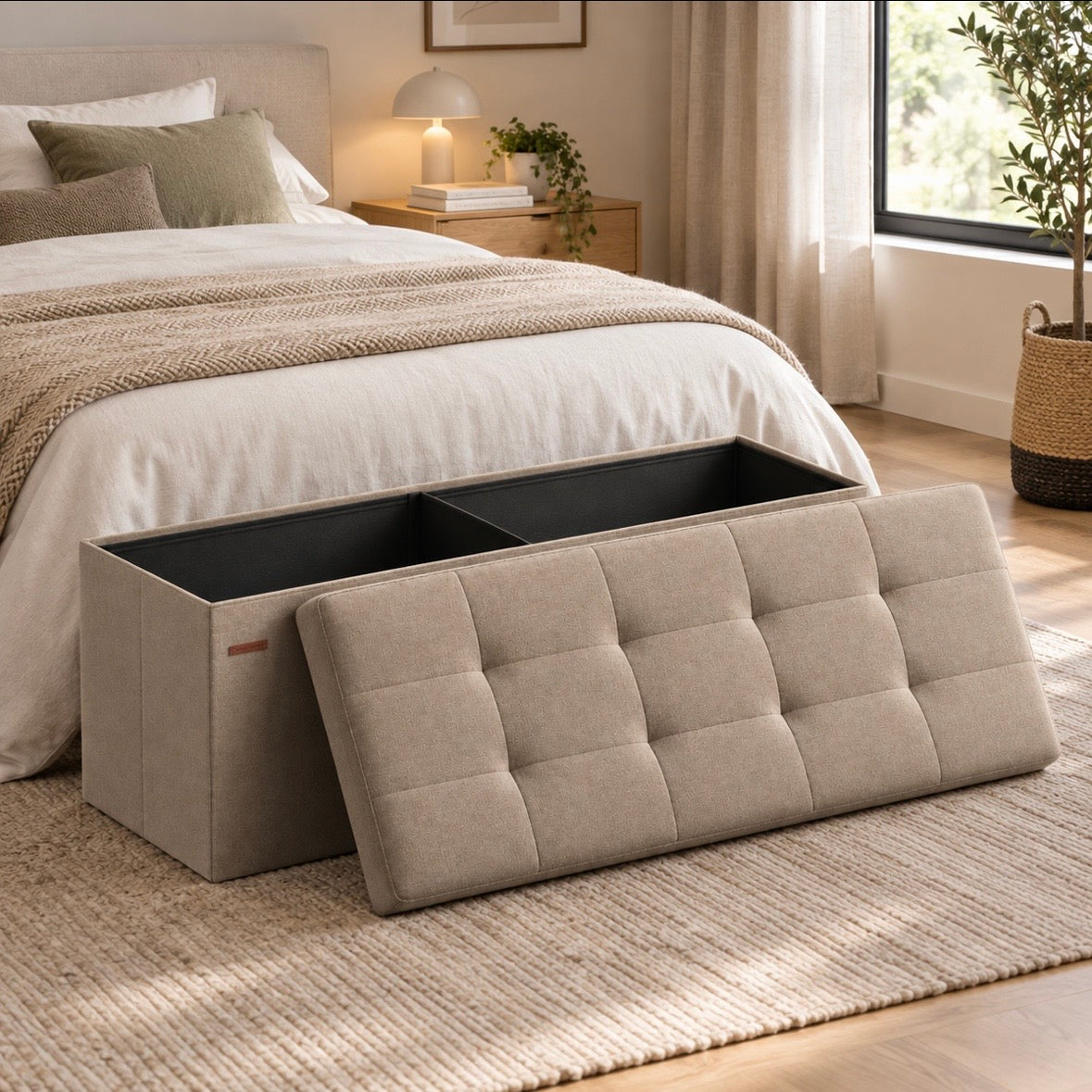 Banc de Rangement Pliable Beige - Pouf Coffre Capitonné avec Séparateur