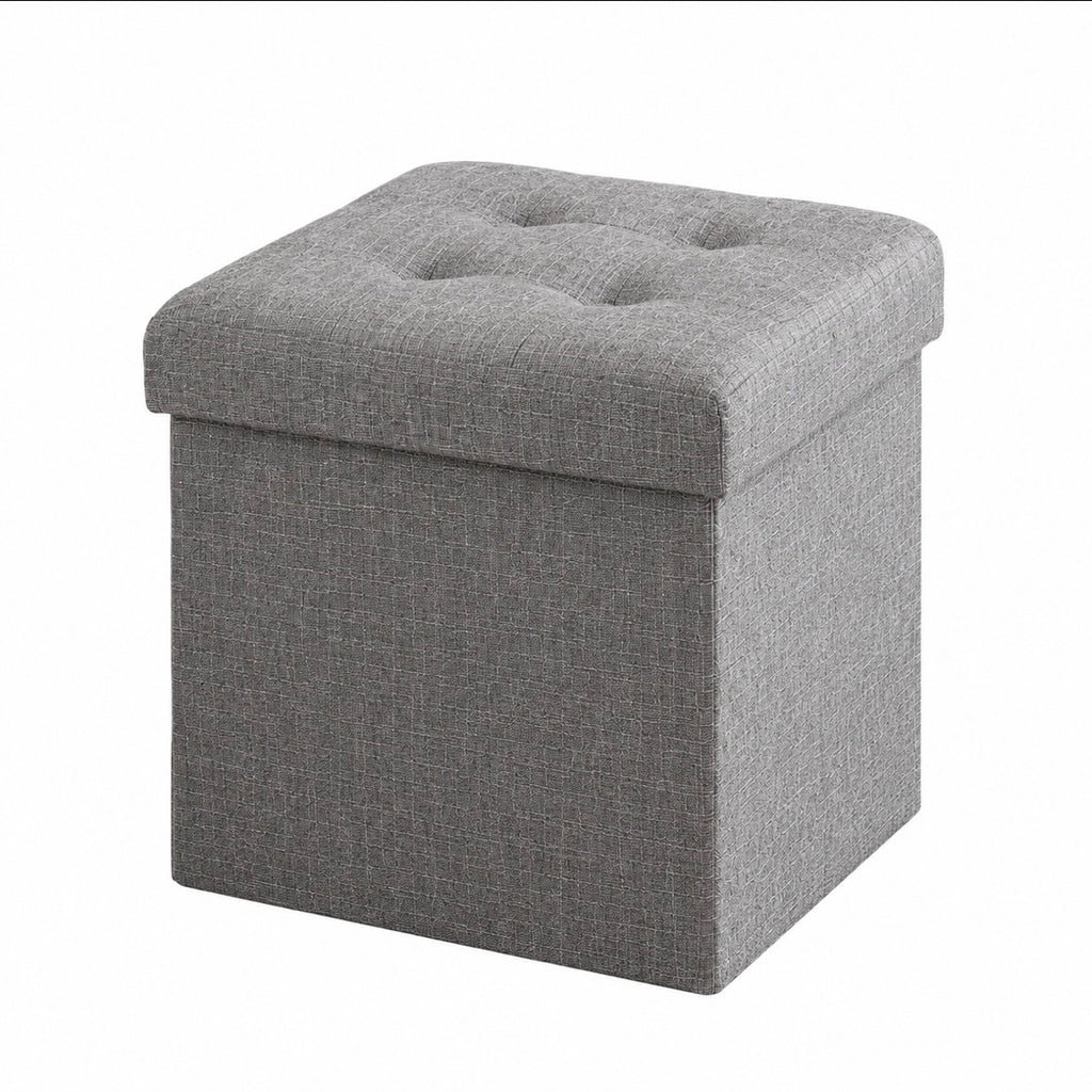 Pouf Coffre de Rangement Pliable Gris - Tabouret Capitonné en Lin