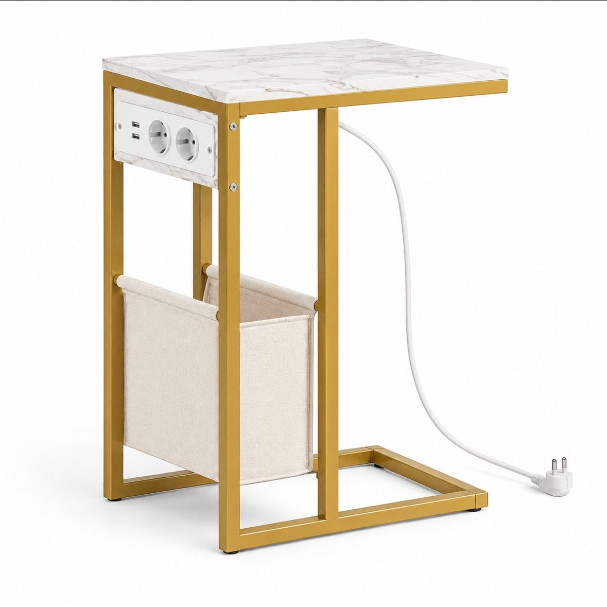 Table d'Appoint Marbre Blanc & Or avec Chargeur USB Intégré
