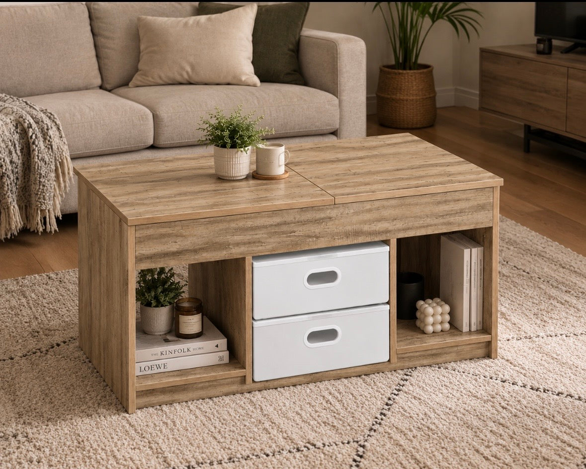 Table Basse Relevable en Bois – Table Multifonction avec Rangement