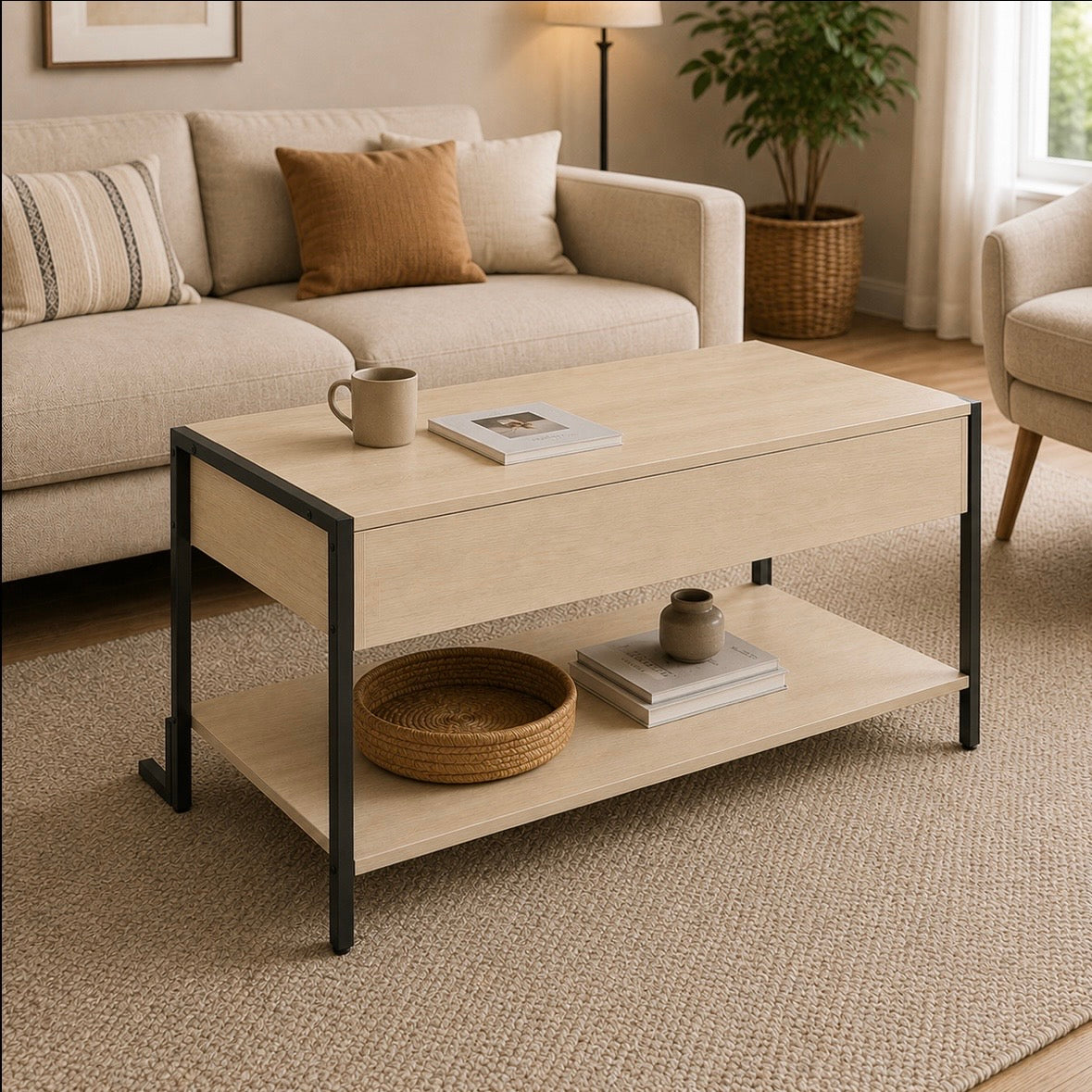 Table Basse Relevable Industrielle Chêne Clair - Rangement Caché & Étagère