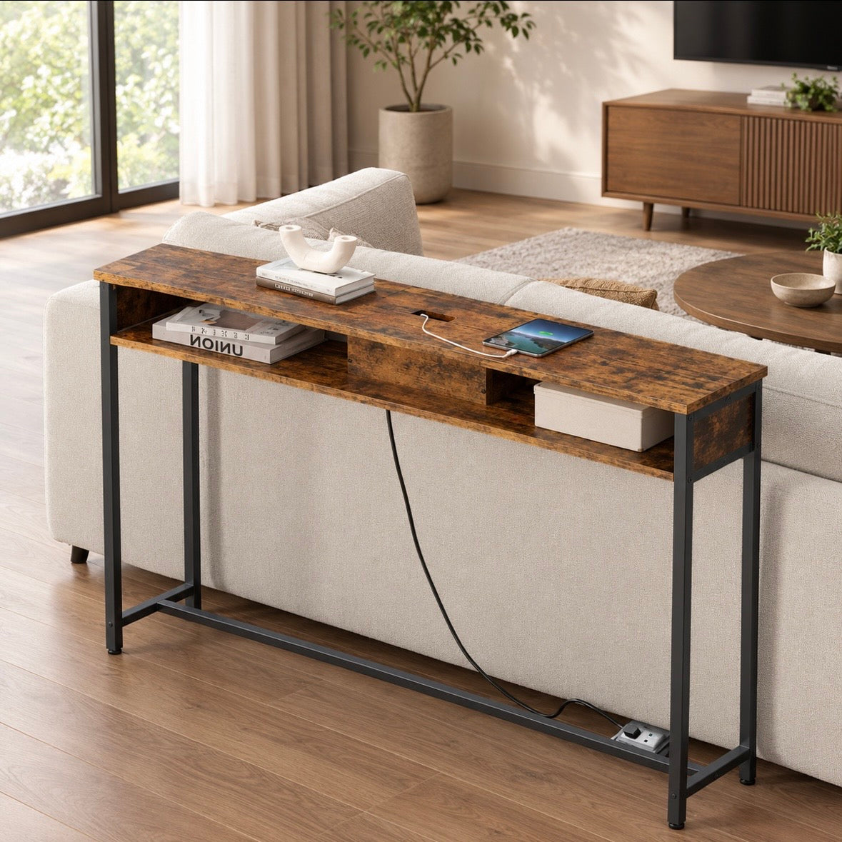 Table Console Industrielle avec Prises Électriques Intégrées - Rangement, Marron