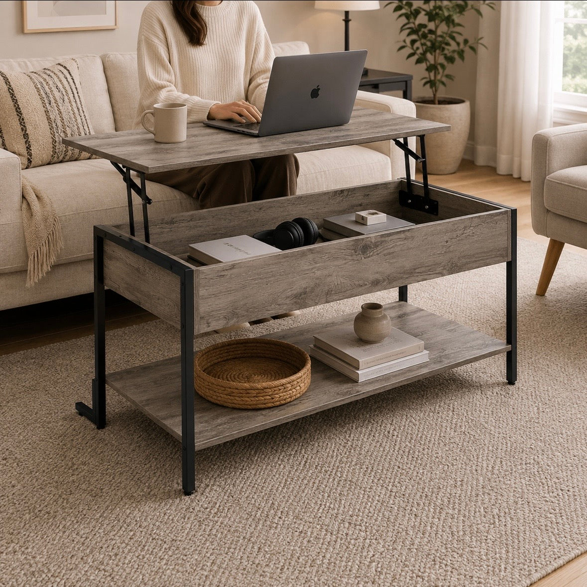 Table Basse Relevable Industrielle Gris Taupe - Rangement Caché & Étagère