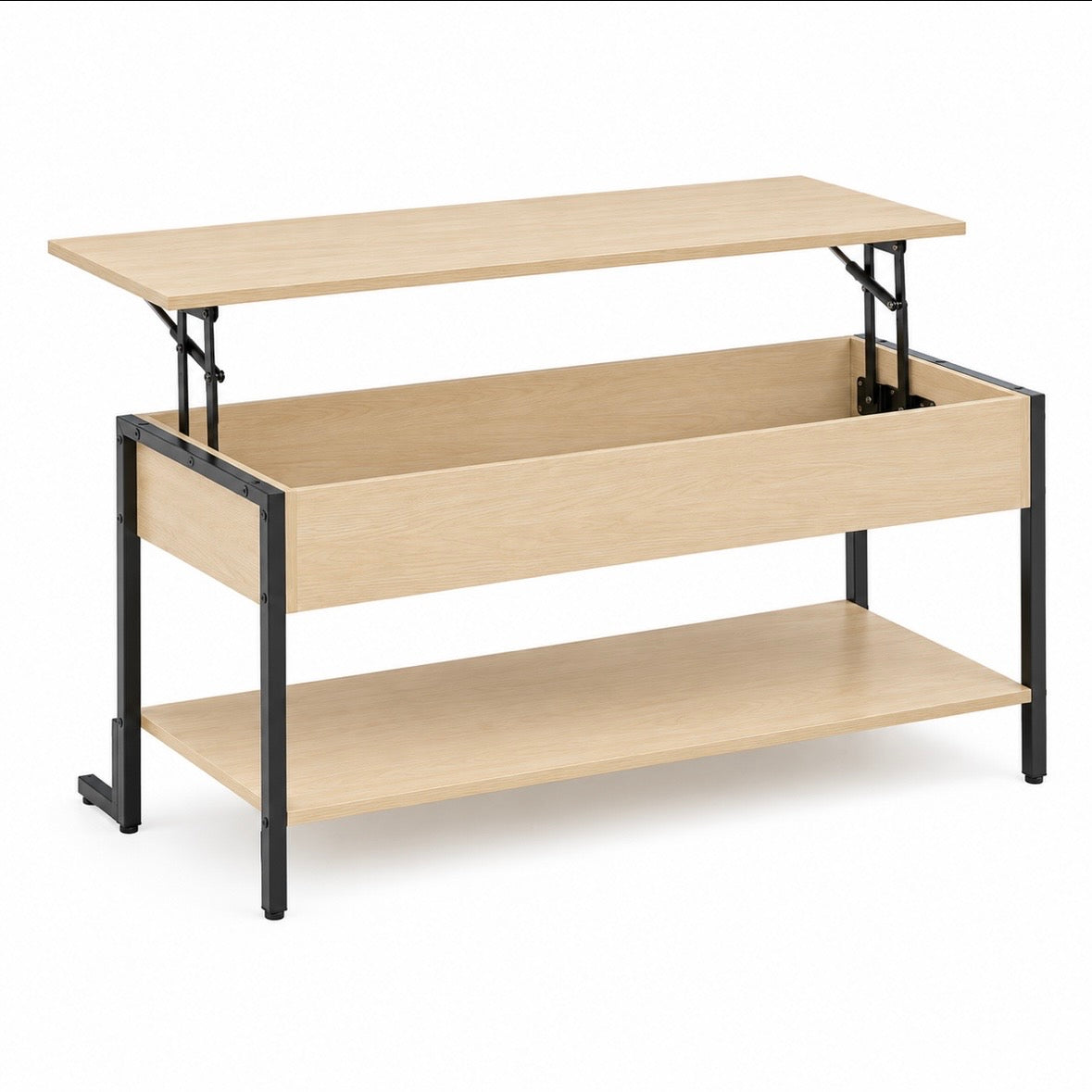 Table Basse Relevable Industrielle Chêne Clair - Rangement Caché & Étagère