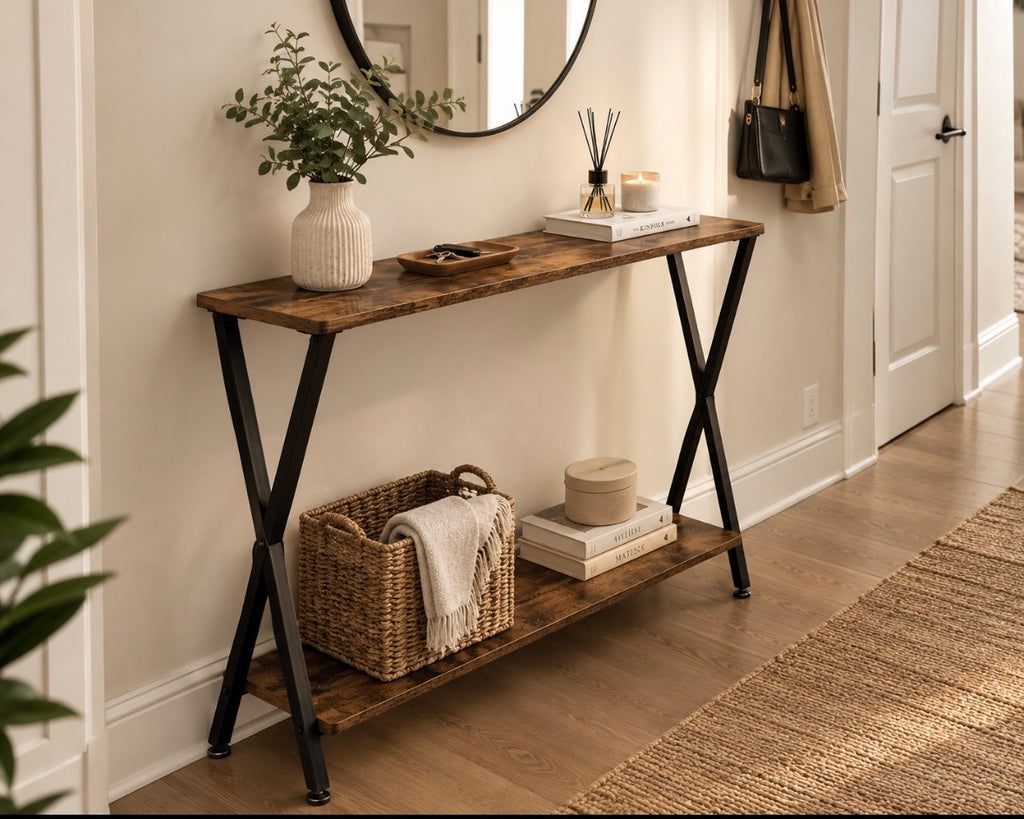 Table Console Extensible 80/105 cm – 2 Niveaux, Style Industriel