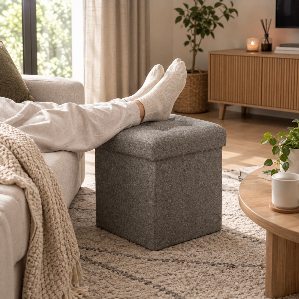 Pouf Coffre de Rangement Pliable Gris - Tabouret Capitonné en Lin