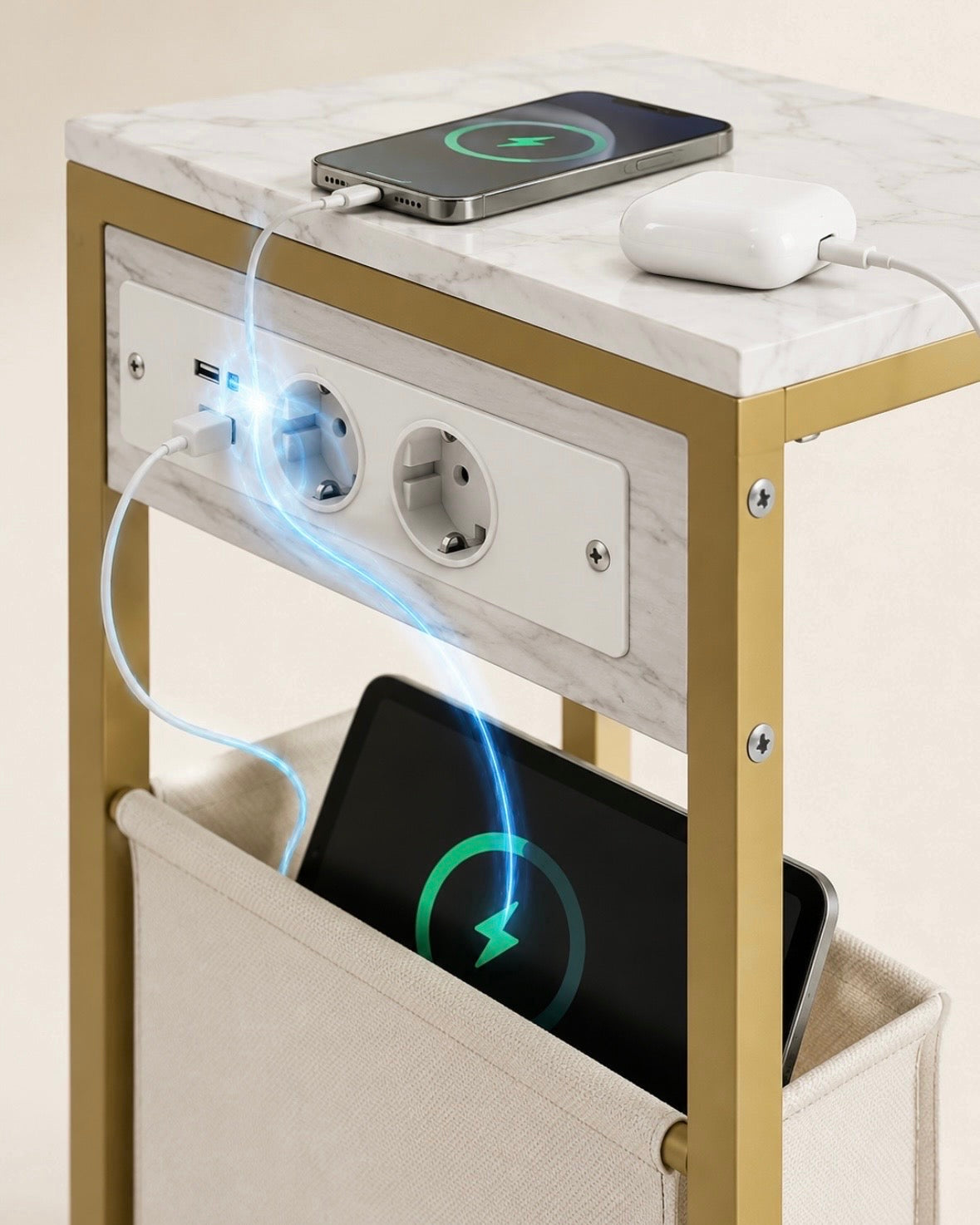 Table d'Appoint Marbre Blanc & Or avec Chargeur USB Intégré