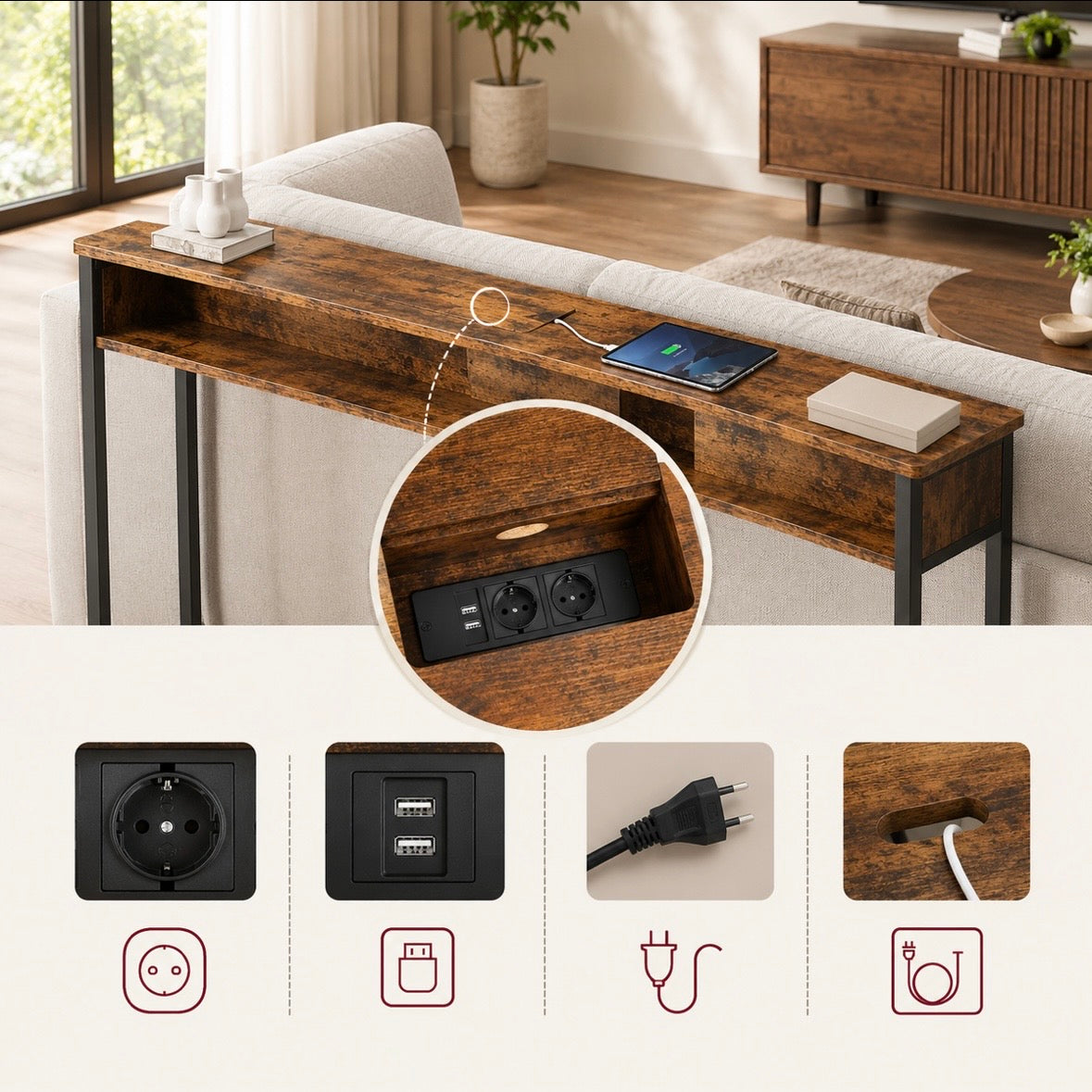 Table Console Industrielle avec Prises Électriques Intégrées - Rangement, Marron