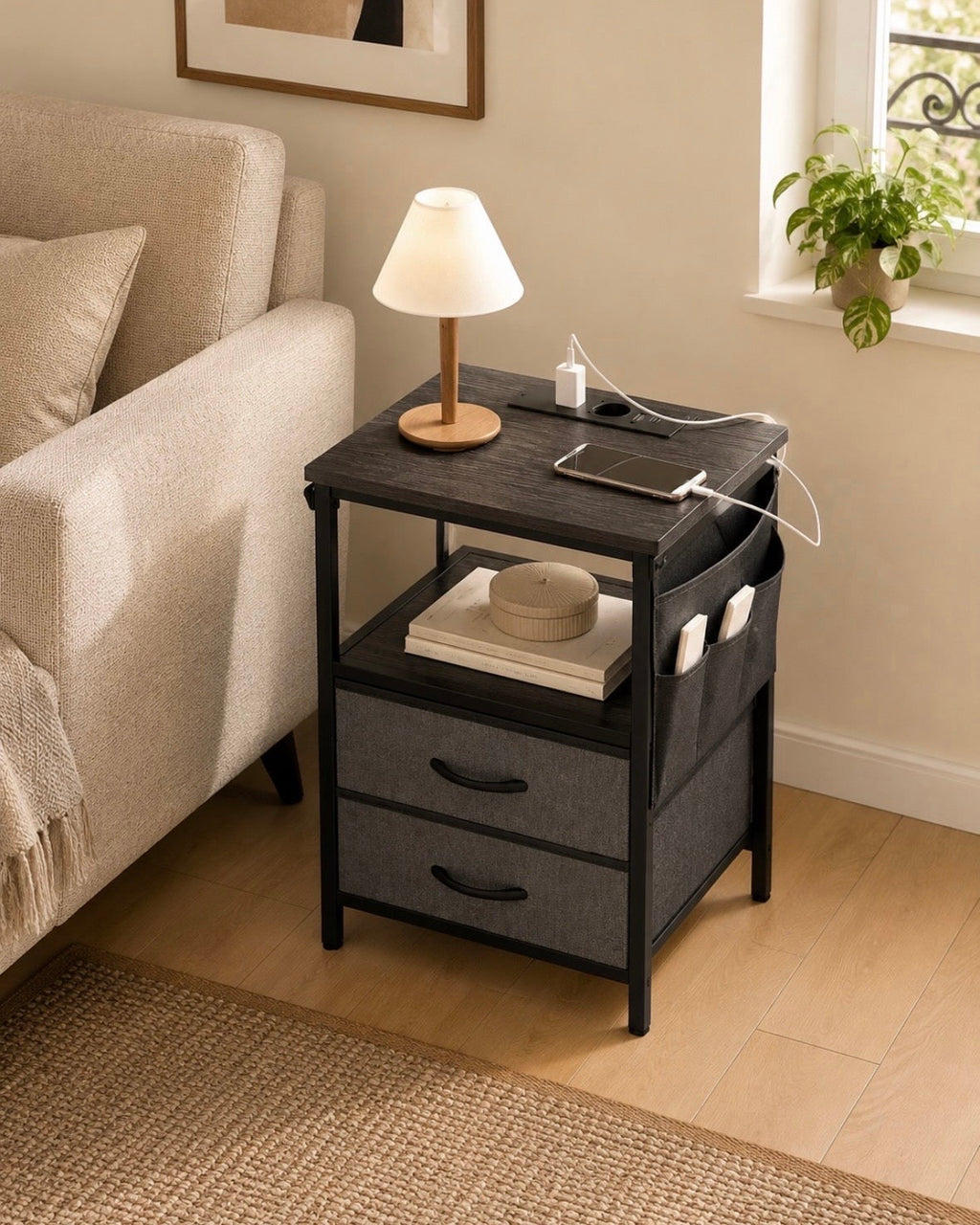 Table d'Appoint Noire avec Prises USB Intégrées – Rangement 5-en-1