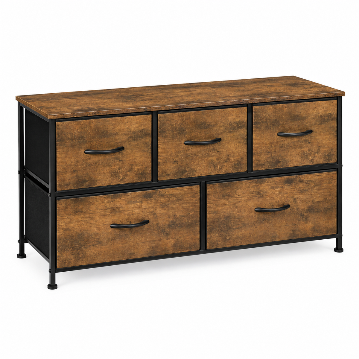 Commode 5 Tiroirs Industrielle Vintage - Bois Marron & Métal Noir