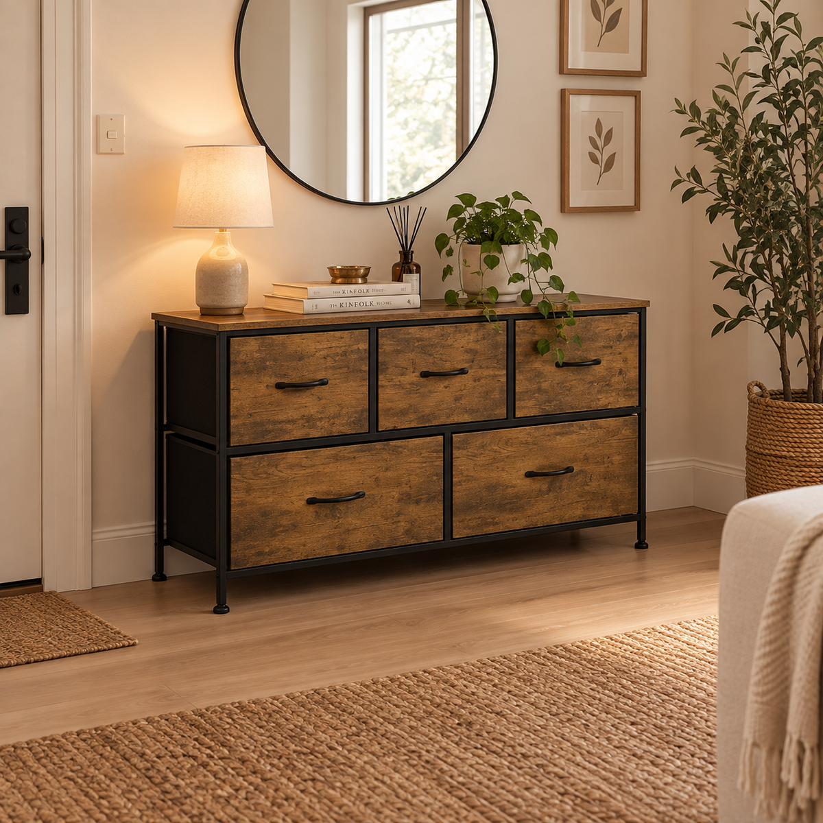 Commode 5 Tiroirs Industrielle Vintage - Bois Marron & Métal Noir
