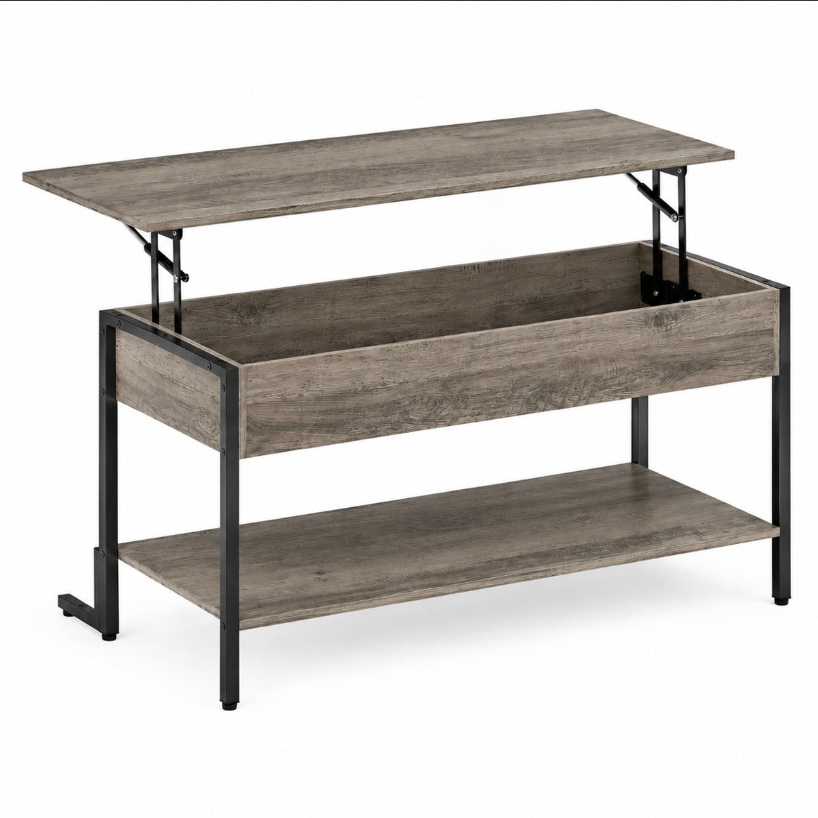 Table Basse Relevable Industrielle Gris Taupe - Rangement Caché & Étagère