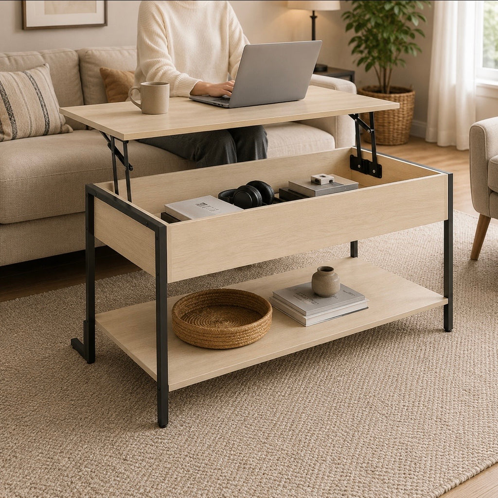 Table Basse Relevable Industrielle Chêne Clair - Rangement Caché & Étagère