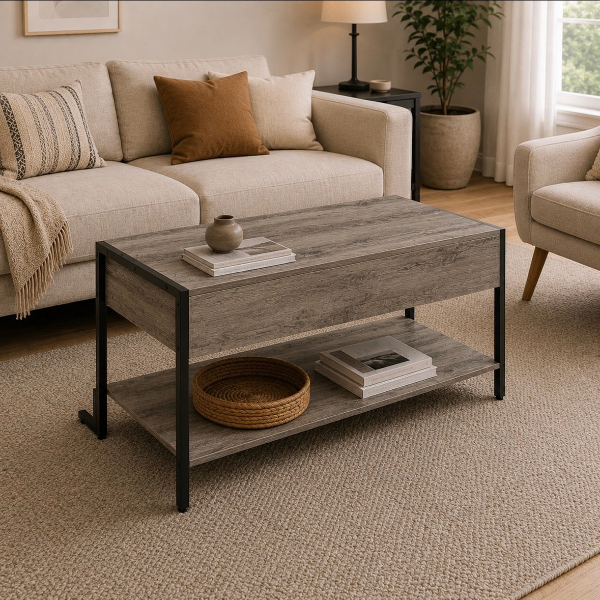 Table Basse Relevable Industrielle Gris Taupe - Rangement Caché & Étagère
