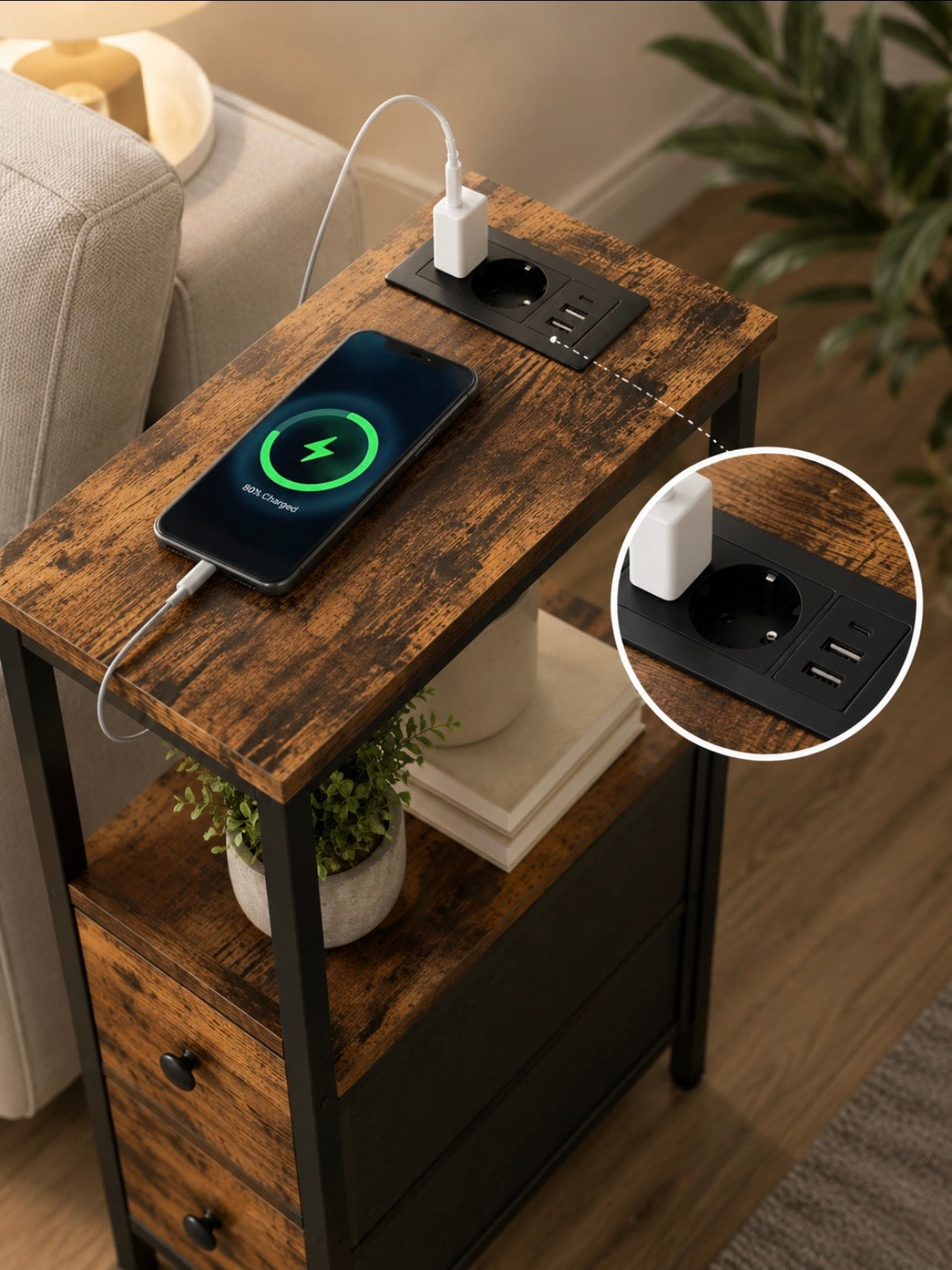 Table d'Appoint Industrielle avec Chargeur USB Intégré