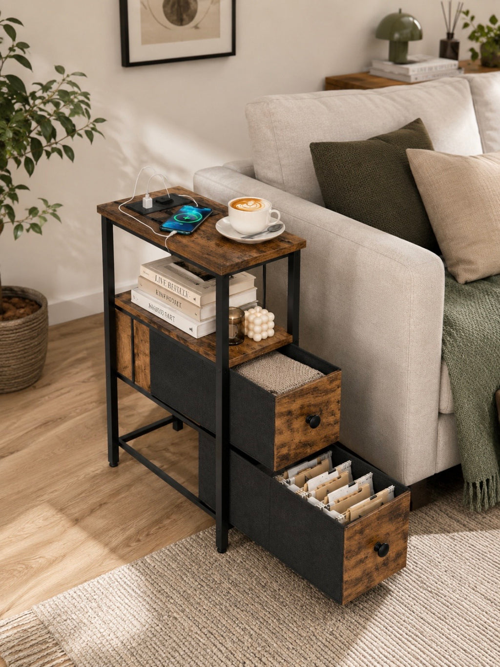 Table d'Appoint Industrielle avec Chargeur USB Intégré