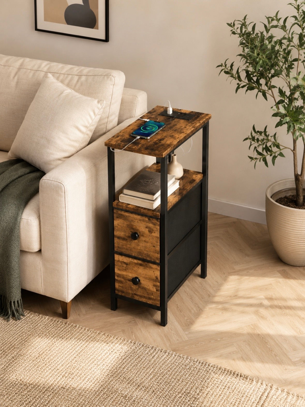 Table d'Appoint Industrielle avec Chargeur USB Intégré