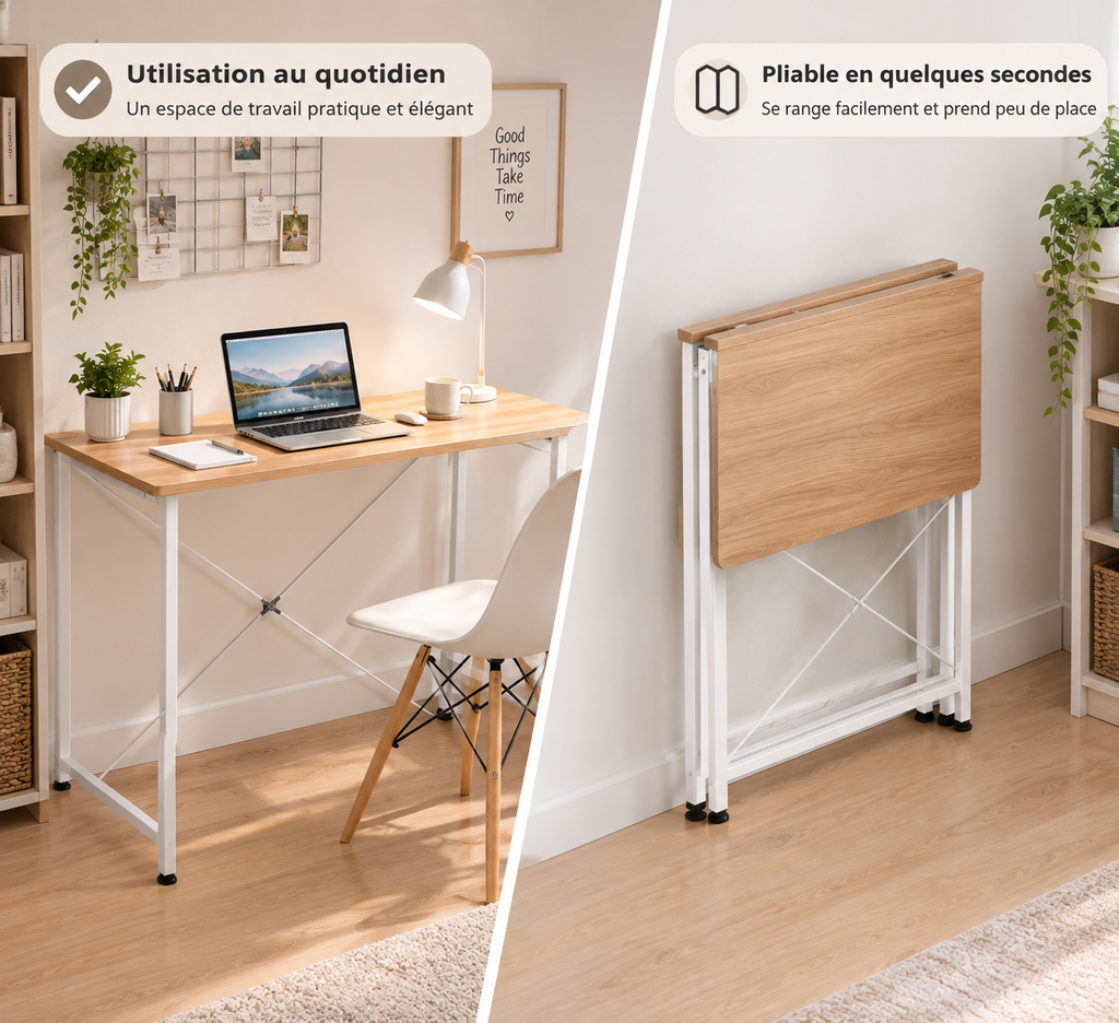Bureau Pliant Design Blanc et Bois Naturel - Gain de Place