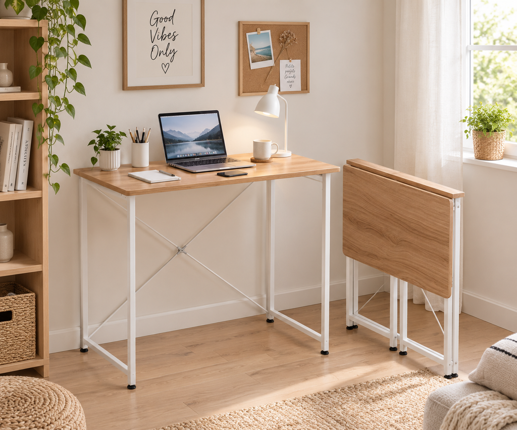 Bureau Pliant Design Blanc et Bois Naturel - Gain de Place